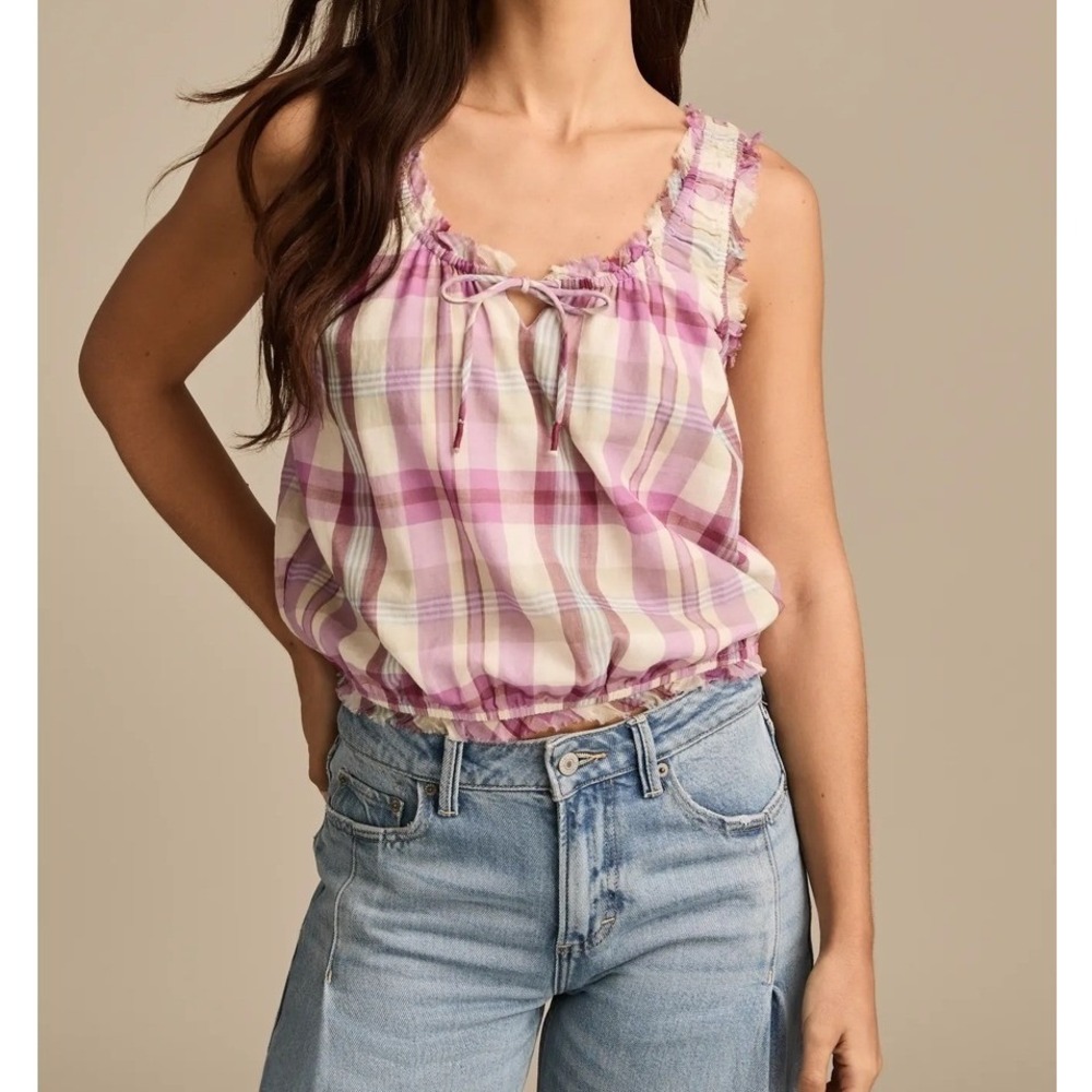 Lucky Brand Purple‎ Plaid Frayed Hem Cotton Tank Top XXL 2HG5600 NWT